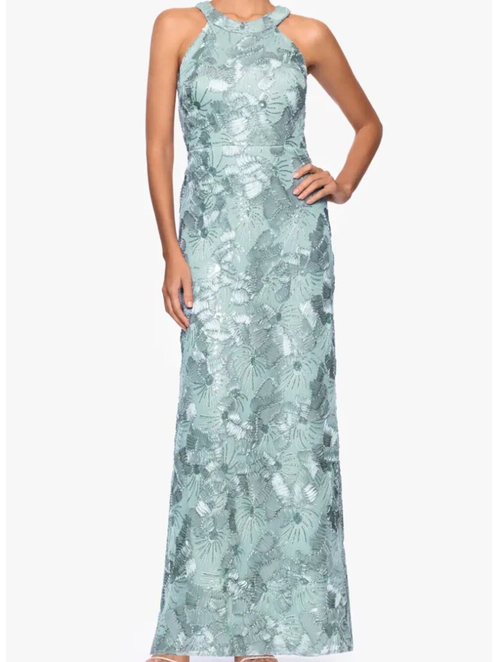 Betsy & Adam Sequin Floral Sleeveless Gown in Sage  Sz: 6